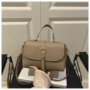 Detailed view of taupe lychee texture leather bag with elegant gold buckle and top handle