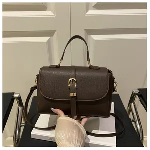 Detail of dark brown lychee leather bag featuring a gold horse-bit metal buckle