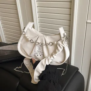 Chic cream pleated half-moon baguette bag with pearl flower chain and stylish shoulder strap