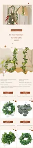 Close-up of LED eucalyptus garland string lights showing detailed green leaves and warm glow