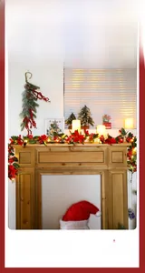Detailed Christmas garland with red berries, pine cones and LED candle for festive decor