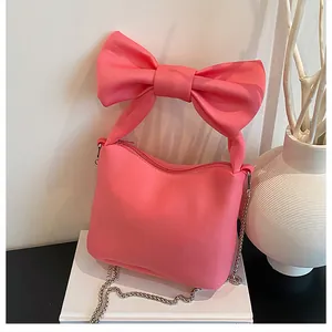 Detailed shot of pink bow canvas handbag with silver chain and top zipper closure