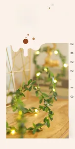 Close-up of warm white LED fairy lights with realistic green eucalyptus leaves decor
