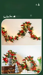 Close-up of festive LED string lights with red berries and green leaves for Christmas decor