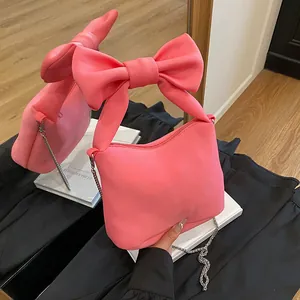 Trendy Bow Knot Shoulder Bag For Women 2025 New Fashion Satin PU Leather Chain Crossbody Handbag Small Tote Purse Gift