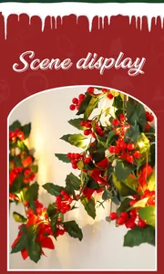 Macro detail of Christmas garland with red berries, green leaves and warm LED lights
