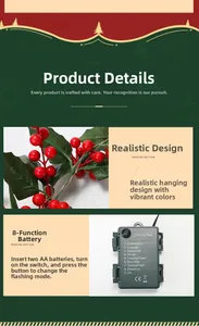 Detail of red berry garland with 8-mode battery box and 6-hour timer function