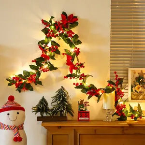 Artificial Christmas Garland With Red Berries Poinsettia Flowers LED String Lights Xmas Tree Fireplace Stair Decor
