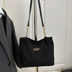 Large Capacity Women Tote Bag Urban Minimalist Tweed Fabric Waffle Pattern Handbag With Metal Chain Strap Commuter Bag