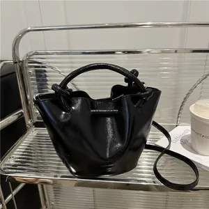 Women Fashion Retro PU Leather Bucket Bag Metallic Shiny Handbag With Knotted Handle Small Shoulder Crossbody Bag
