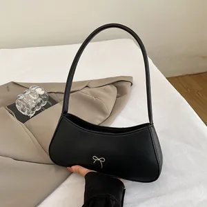 Französischer Stil Schleife PU Leder Unterarmtasche Für Damen Einfarbige Einfache Schulter Baguette Tasche Lässig Täglich Pendeln Handtasche