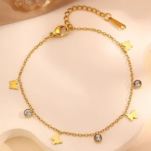 Bracciale in acciaio inossidabile placcato oro 18k con farfalla e pietre zirconi