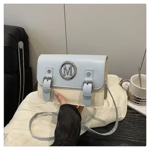 Detailed view of trendy color-blocking small crossbody bag with metal M logo and twin buckle straps.