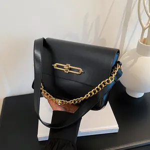 Women Minimalist PU Leather Shoulder Bag With Gold Metal Chain And Long Padlock Solid Color Fashion Crossbody Bag For Daily