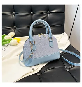 Detail of light blue shell bag with striped canvas panel and gold-tone zippers