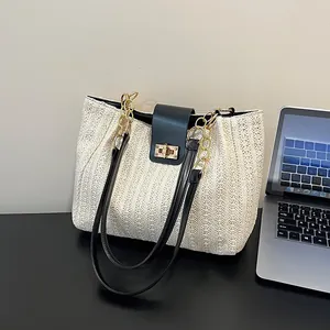 Sac Fourre-tout en Paille Tissé à la Main pour Femmes Avec Sangle en Cuir PU et Fermoir à Tourniquet en Métal Doré Plage