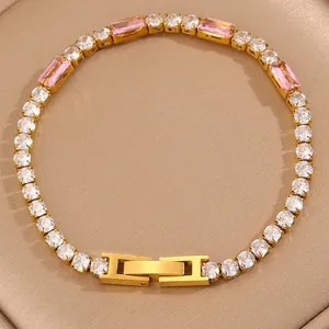 Bracelet tennis luxueux plaqué or 18 carats avec oxydes de zirconium roses et blancs