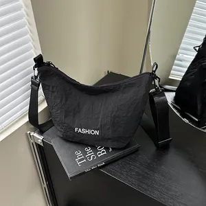 Women's Fashion Nylon Crossbody Bag Wide Adjustable Strap Half Moon Dumpling Bag With Letter Print Casual Travel Purse