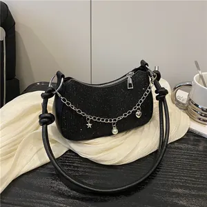 Sac Sous le Bras Tendance pour Femme en Cuir PU Scintillant Avec Pendentifs Étoile Cœur Künstliche Perle Chaîne en Métal pour Fête
