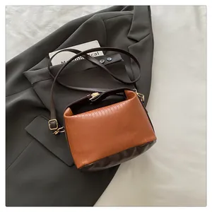 Close-up of contrast brown pleated handbag featuring golden metal buckles and fine strap