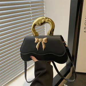 Women's Fashion PU Leather Handbag With Gold Irregular Metal Handle Bow Knot Heart Buckle Wavy Bottom Crossbody Bag