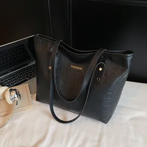 Women Large Capacity PU Leather Embossed Tote Bag Fashion Letter Pattern Shoulder Bag Casual Commuter Office Handbag For Lady