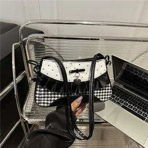 Damen Süß Schleife Achseltasche Retro Kariert Herz Druck Umhängetasche Mit Rüschen Detail Herzanhänger Mode Handtasche