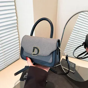 Vintage Contrast Stitching PU Leather Woven Handbag Metal D Buckle Fashion Women Crossbody Shoulder Bag Small Flap Bag