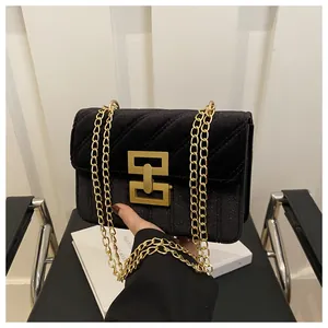 Detailed texture of velvet and glitter stitching on black chain crossbody bag