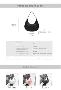 Detailed size specifications for the stylish dumpling shoulder bag in white, pink, and black