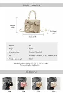 Detailed view of the mini sun flower bag showing dimensions, PU material and pearl handle