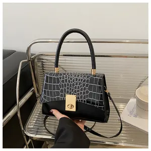 Detail der Steinmuster-Textur und des goldenen Schloss einer eleganten Handtasche