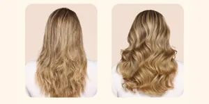 Voor en na resultaat van volumineus golvend haar met een hittevrije krulset