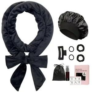 Kit de bouclage sans chaleur noir avec bonnet en satin, chouchous et vaporisateur