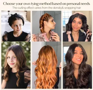 Detailweergaven van roze fluwelen heatless hair curlers en stylingresultaten voor alle haartypen