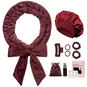 Kit boucleur sans chaleur en velours bordeaux avec bonnet en soie et accessoires