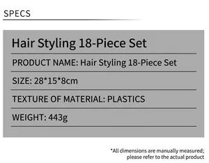 Detailed specifications of the 18-piece hair styling comb set with weight and size