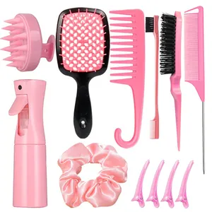 12-teiliges rosa Haarstyling-Set mit Sprühflasche, Massagebürsten, Kämmen und Zubehör