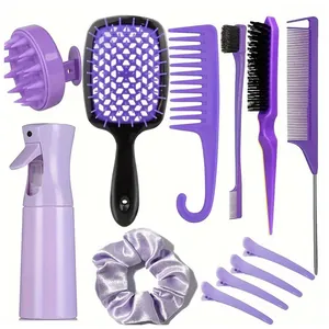 Umfassendes 12-teiliges lila Haarstyling-Set mit Sprühflasche und verschiedenen Bürsten