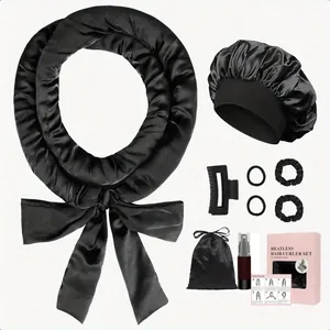 Kit bigoudis sans chaleur complet avec ruban en soie, bonnet de nuit et accessoires noirs