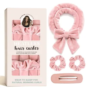 Roze fluwelen heatless hair curler set met scrunchies en haarklem in geschenkdoos