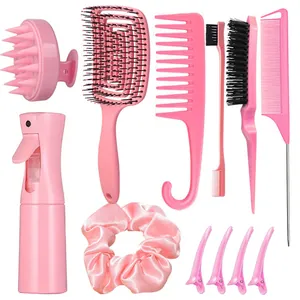 Detail eines 11-teiligen rosa Froffset-Sets mit Skelettbürste, Sprühflasche und Clips