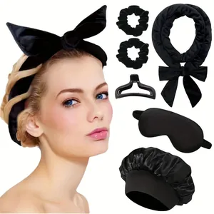 Kit de bouclage sans chaleur 7 pièces noir avec masque en soie, chouchous et bandeau nœud