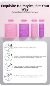 Detail showing four sizes of self-grip hair rollers with a four-step usage guide