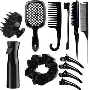 Profi 12-teiliges schwarzes Haarstyling-Set mit Sprühflasche und Kopfhaut-Massagebürste