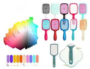 Detailed grid of colorful honeycomb hollow hair brushes with anti-static design