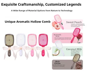 Detail of four scented hairbrushes in peach, rose, coconut, and cocoa fragrances