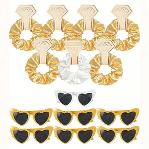 14-piece bridal party set with satin hair scrunchies and heart sunglasses in gold and white