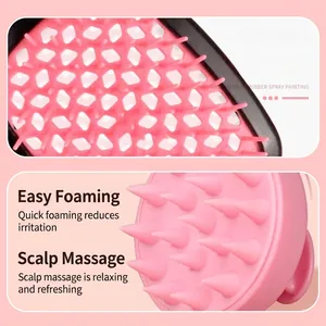Pink ergonomic scalp massage brush with ABS rubber coating for deep cleaning and foaming