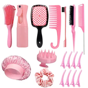 Pink hair care set with detangling brush, spray bottle, sleep cap, and 18 styling tools